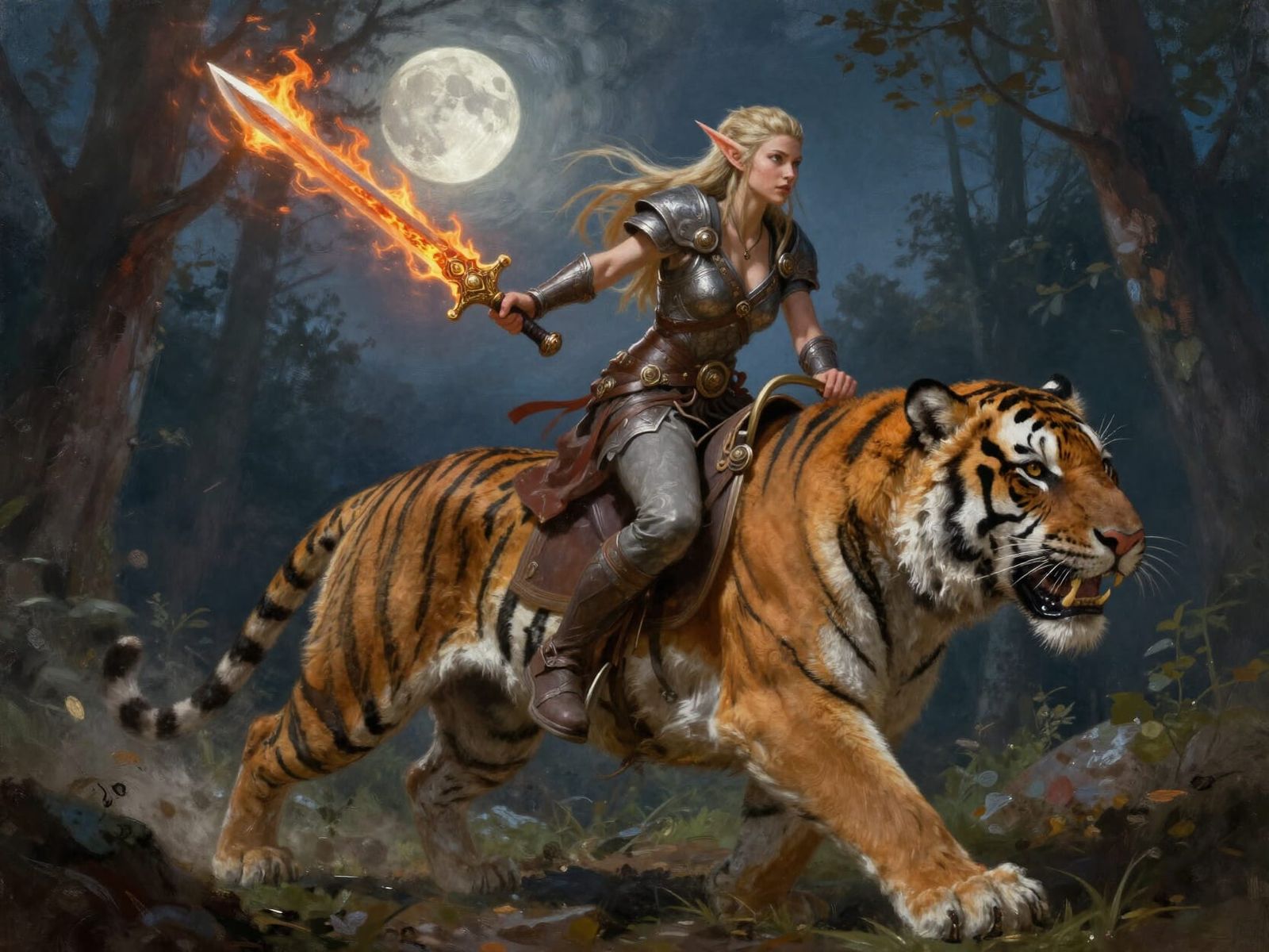 Elf Warrior Rides Flaming Tiger in Moonlight
