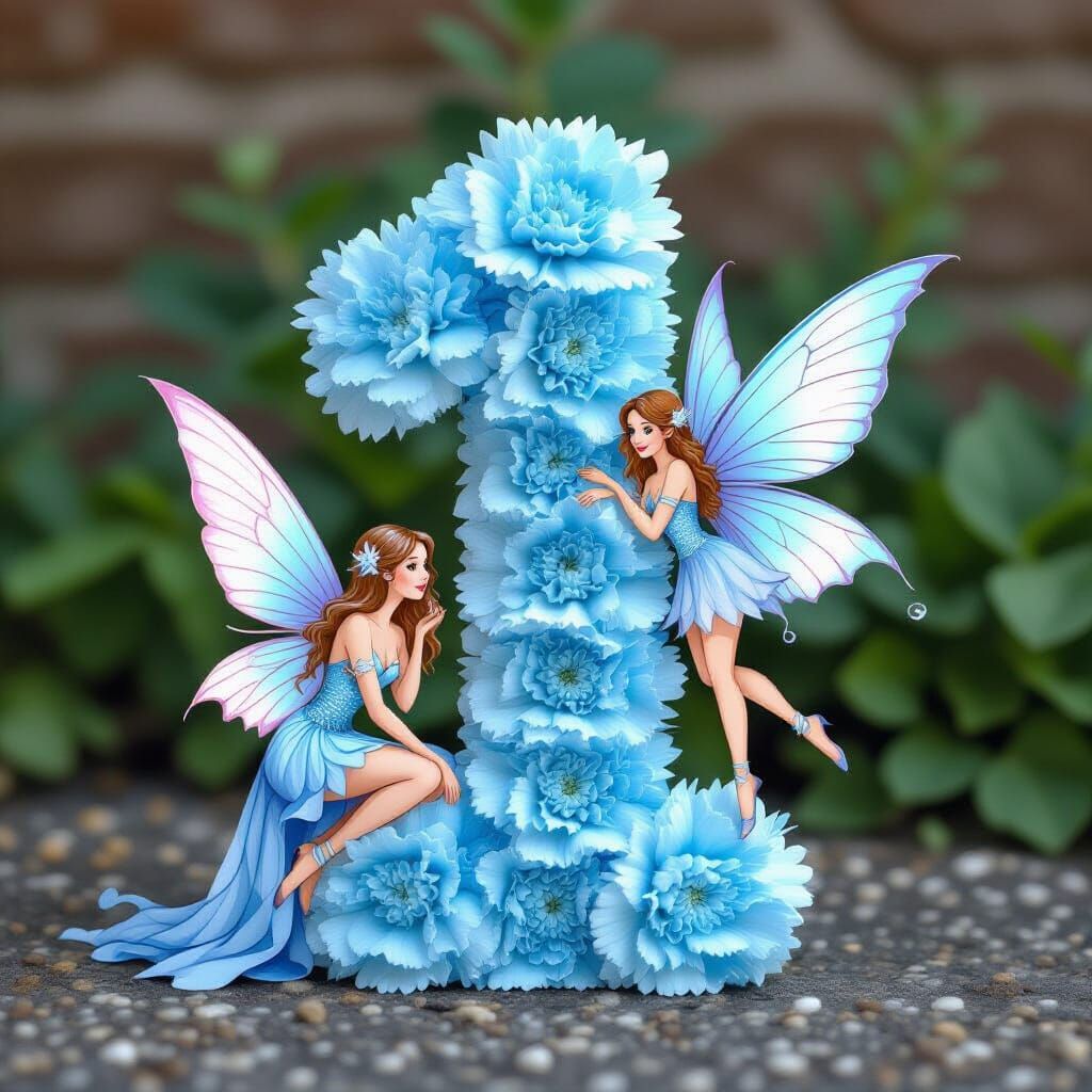 Fairy Beside Number 1 Made of Light Blue Carnations