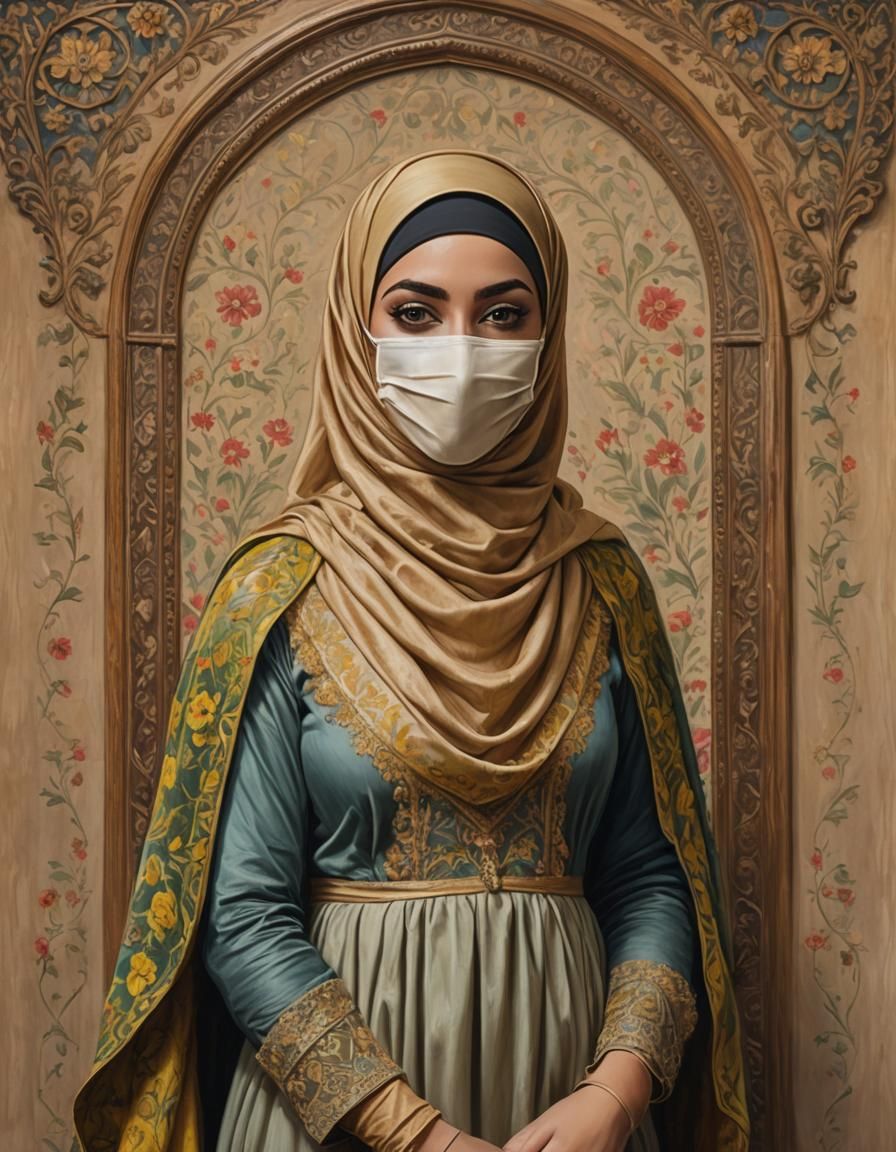 Elegant Hijab Woman in Emerald Green: Oil Painting