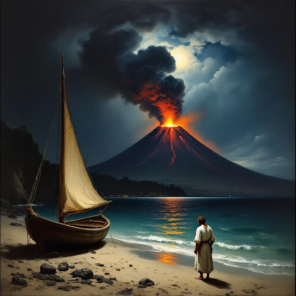 Renaissance Seascape: Man Watches Vesuvius Erupt