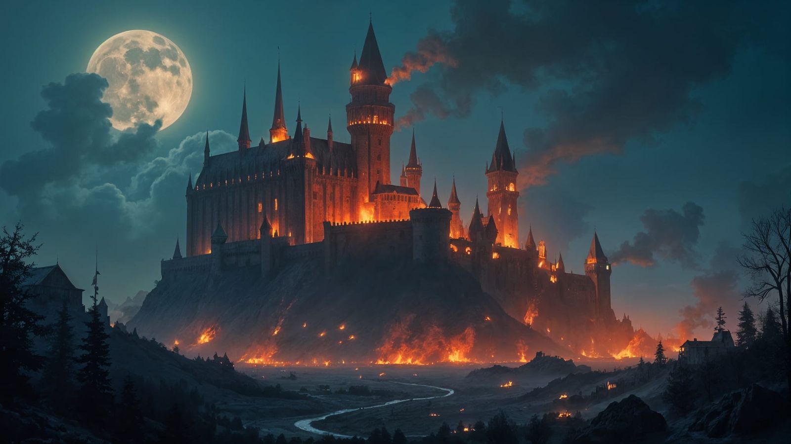 Medieval Castle Under Siege in a Dark Fantastical Night