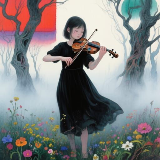 Gothic Watercolor of Girl Playing Violin in Eerie Mist