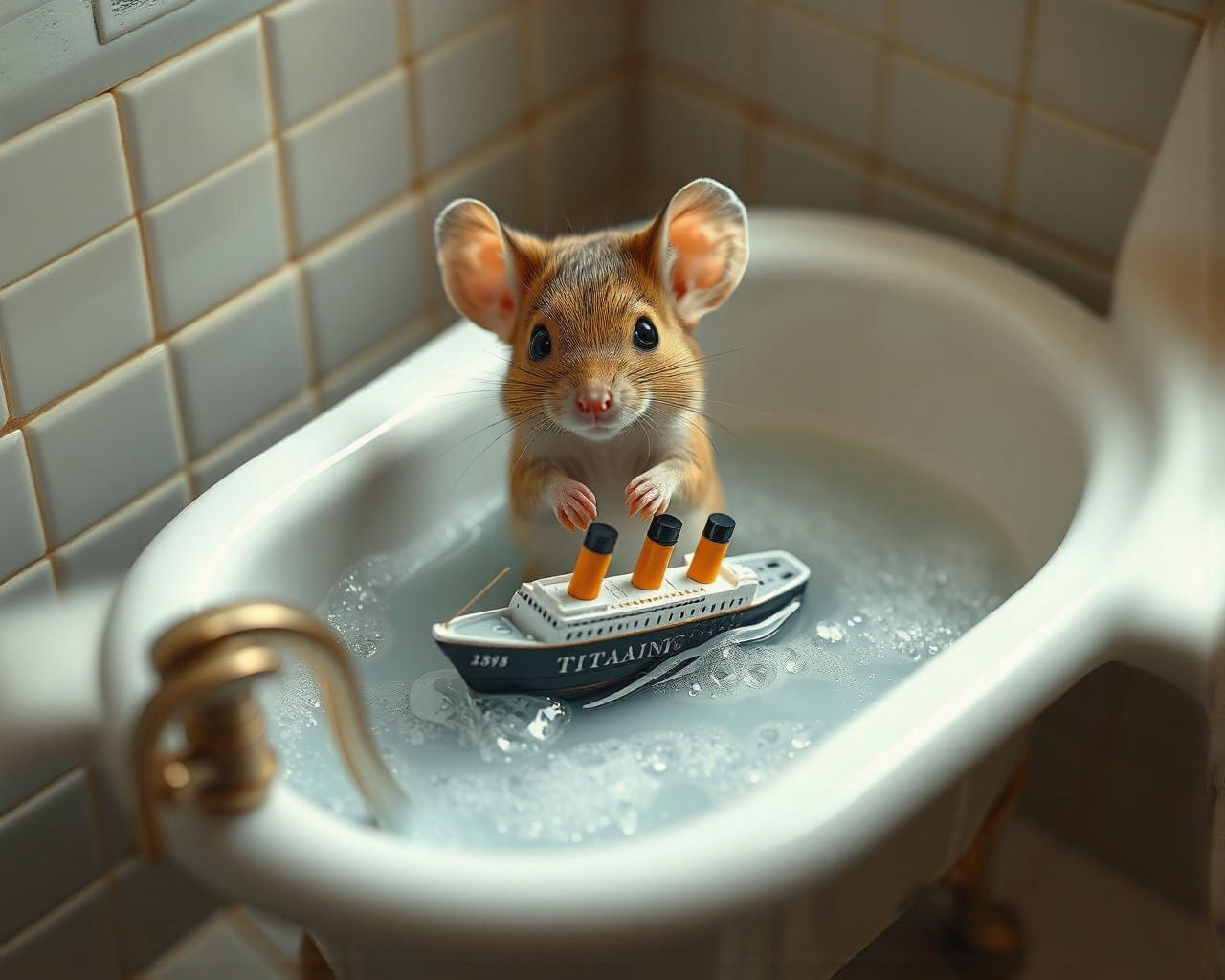 Cute Mouse Plays with Sinking Titanic in Bathtub