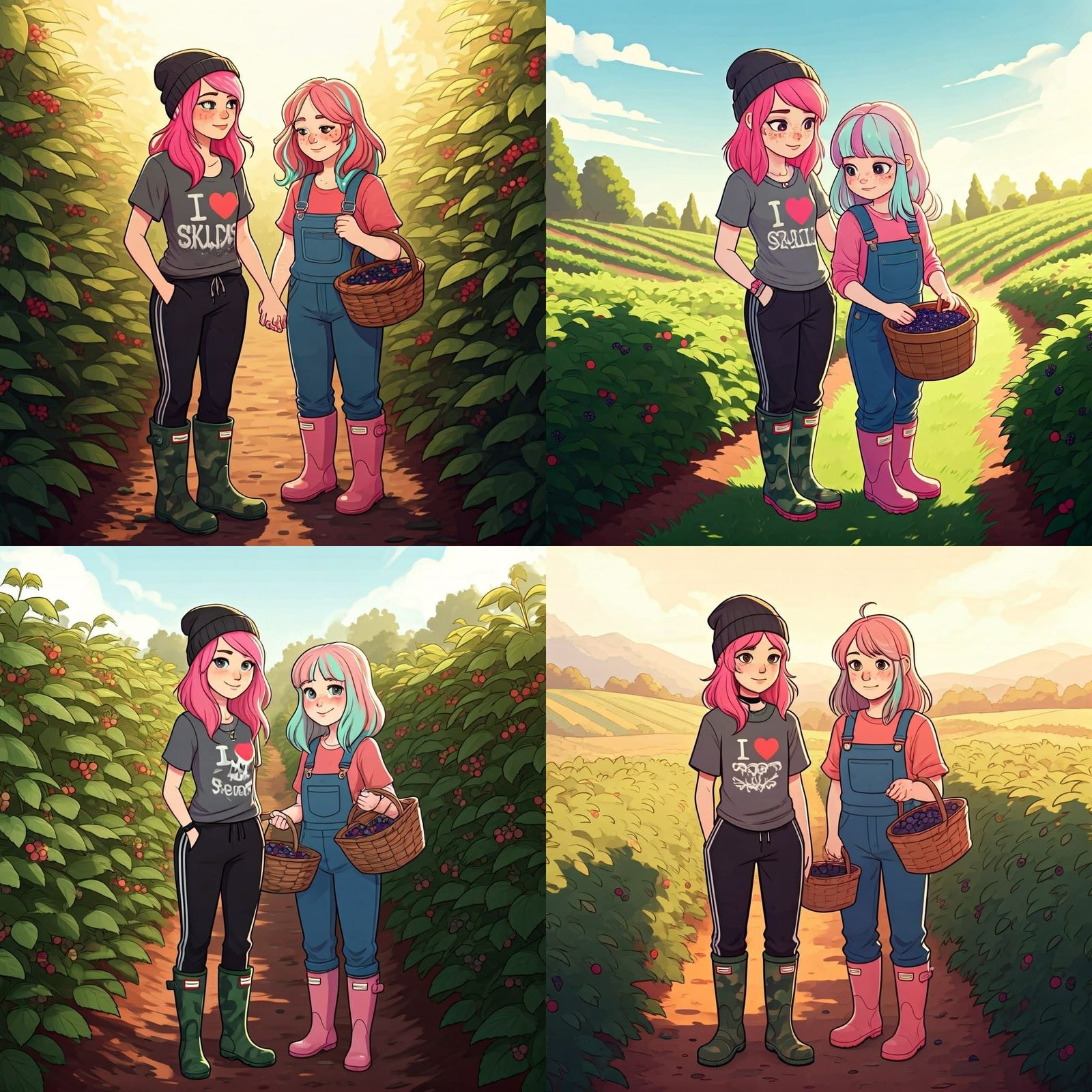 Pink-Haired Girl Picks Berries at Berry Farm with Freckled F...