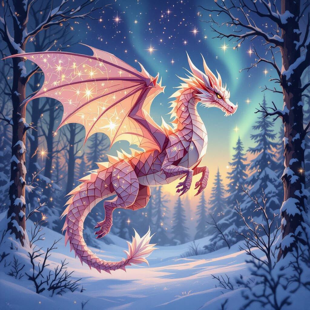Celestial Origami Dragon Soaring Through Winter Forest