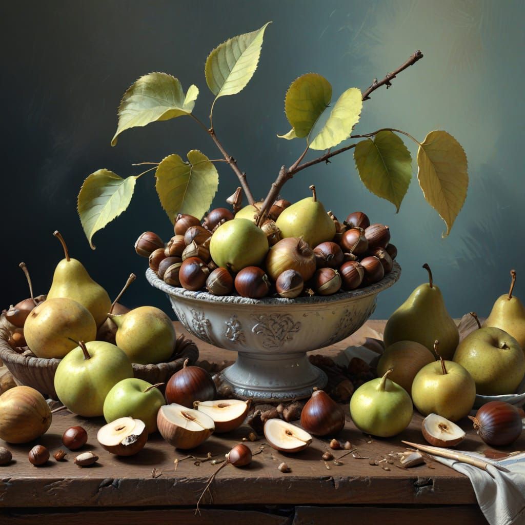 Elegant Autumn Still Life with Chestnuts and Pears