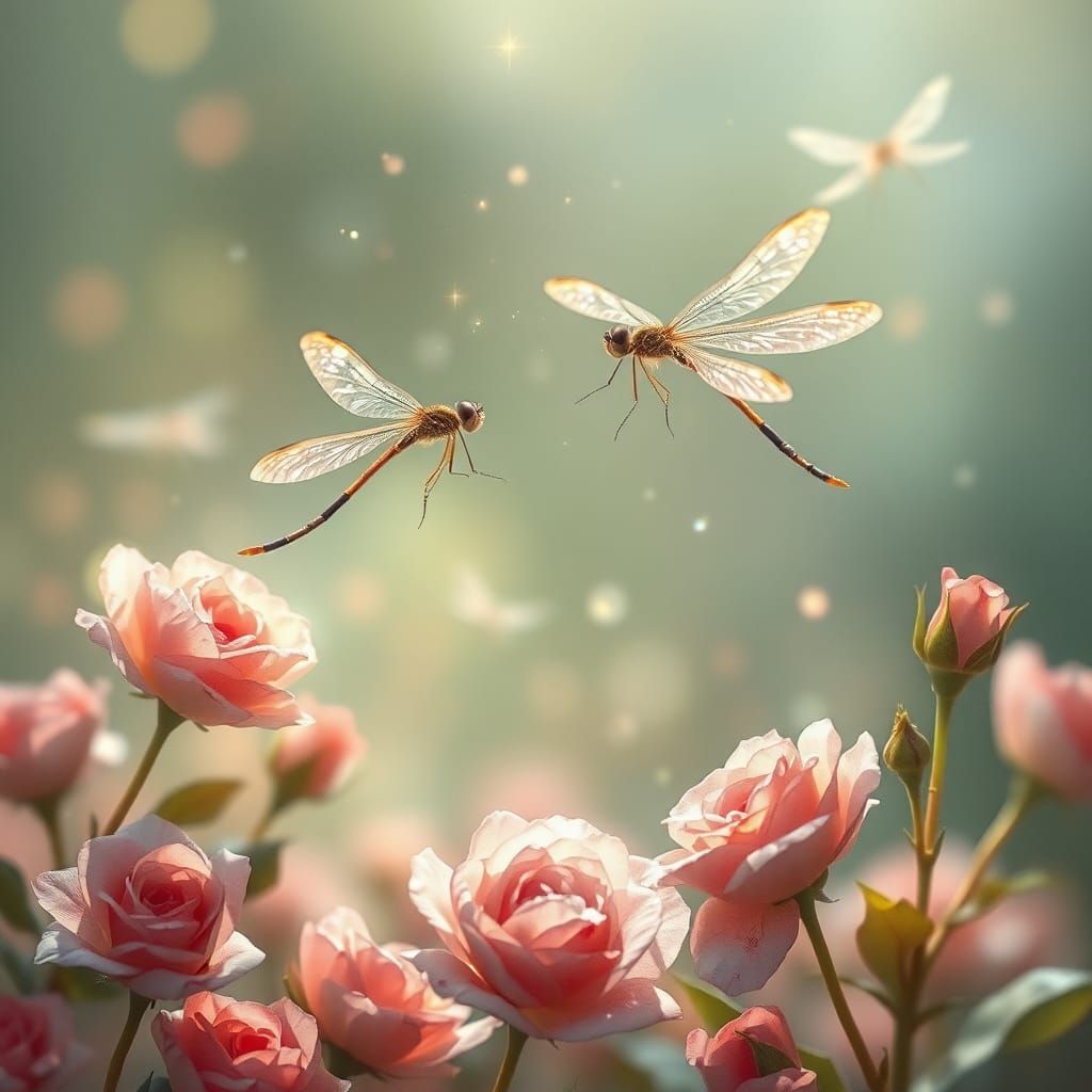 Dragonflies and Roses in Ethereal Light