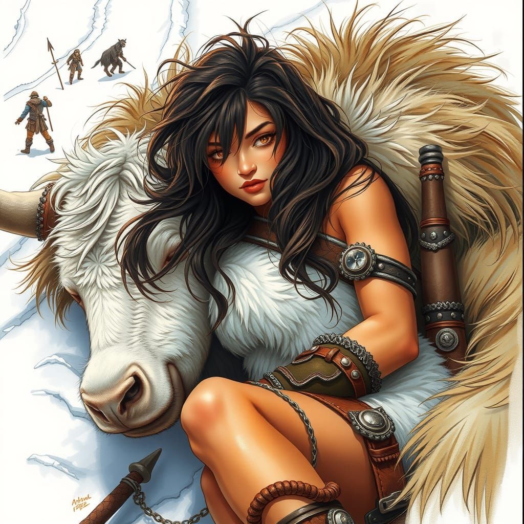 Barbarian Warrioress and Yak on Snowy Ledge