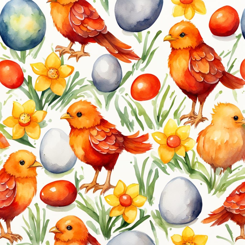 Chibi Phoenix with Eggs and Daffodils in Vibrant Watercolor