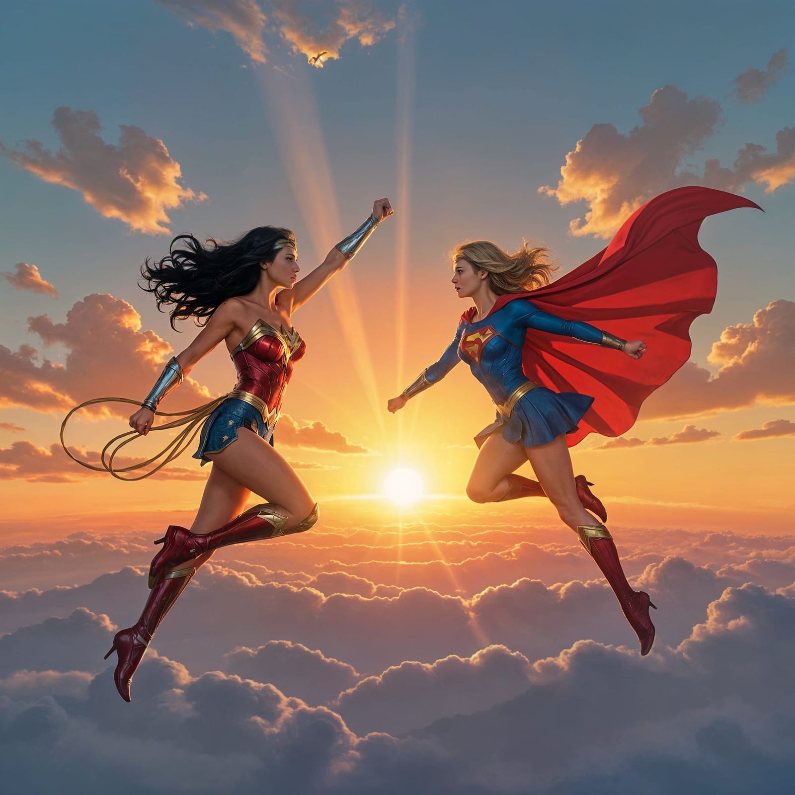 Wonder Woman and Supergirl Soaring at Sunrise