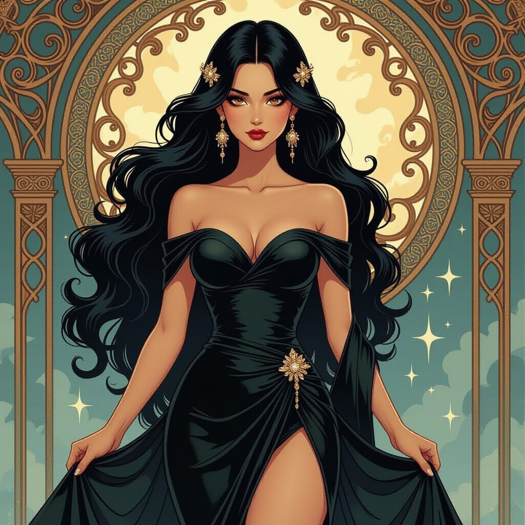 Demon Goddess with Flowing Hair in Art Nouveau Style