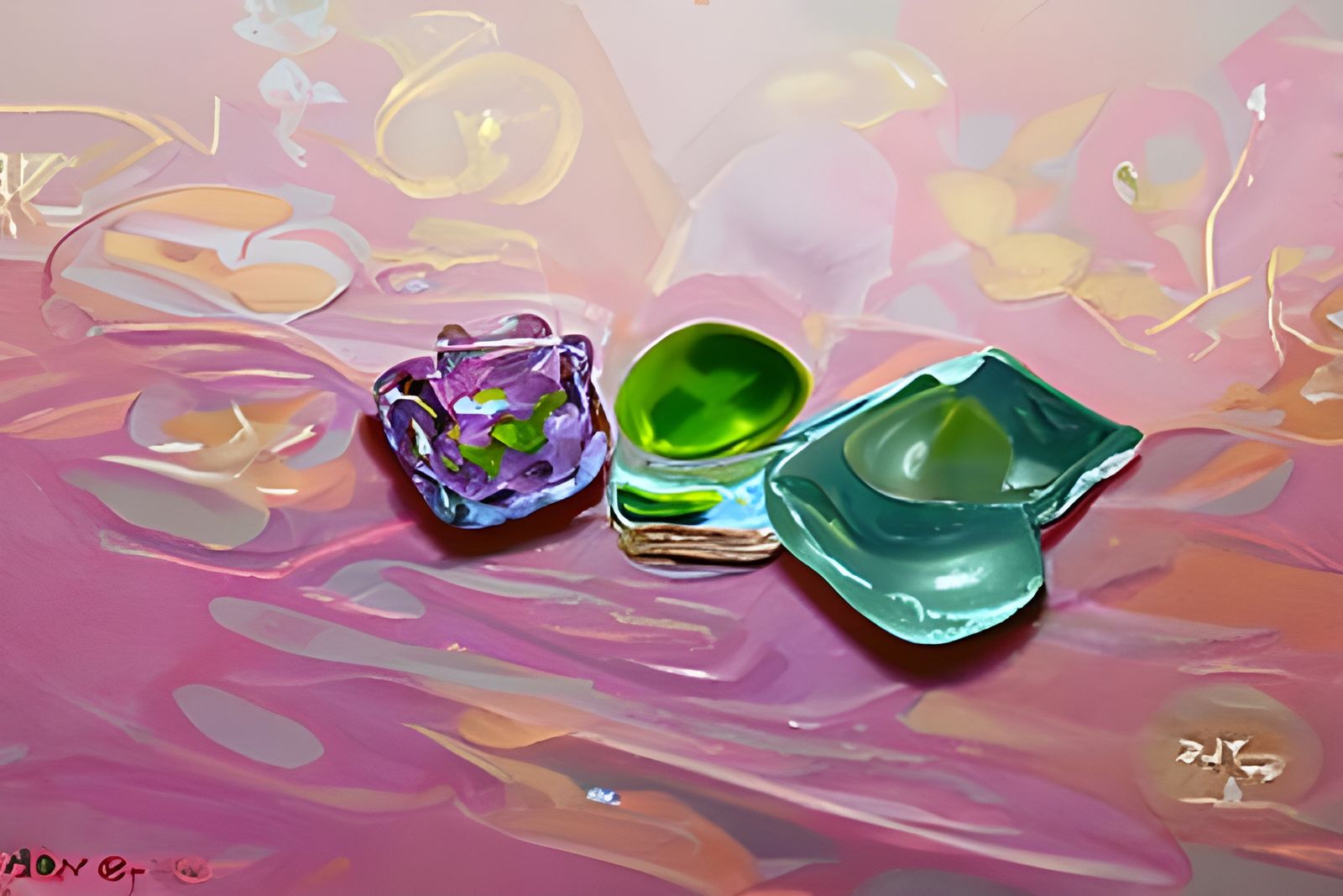 oil painting of scattered pieces of depression glass ware in...
