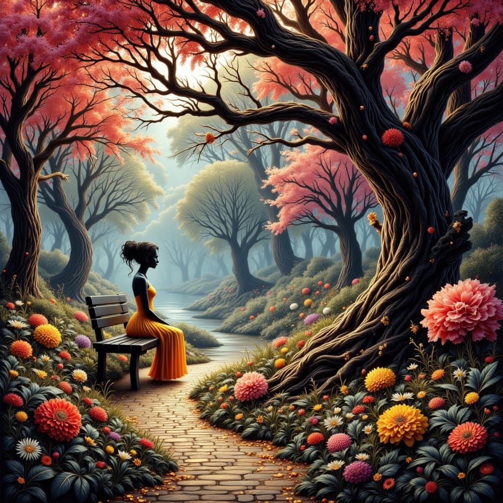 Vibrant Woman in Surreal Neon Park