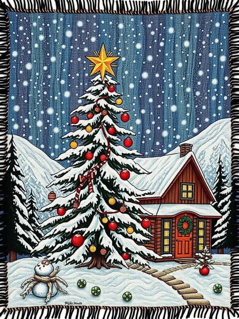 Woven Tapestry Surrealism Christmas tree Zentangle Americana...
