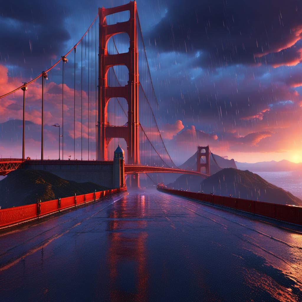 Golden Gate Bridge at Rainy Sunrise: Detailed Matte Painting
