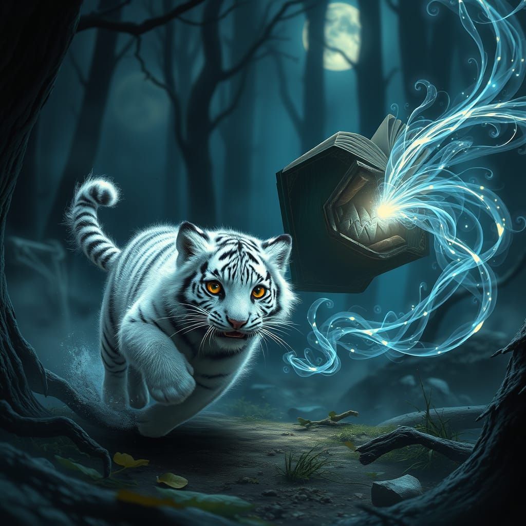 Ancient Magical Book Pursues Striped Tiger Cub Through Moonl...