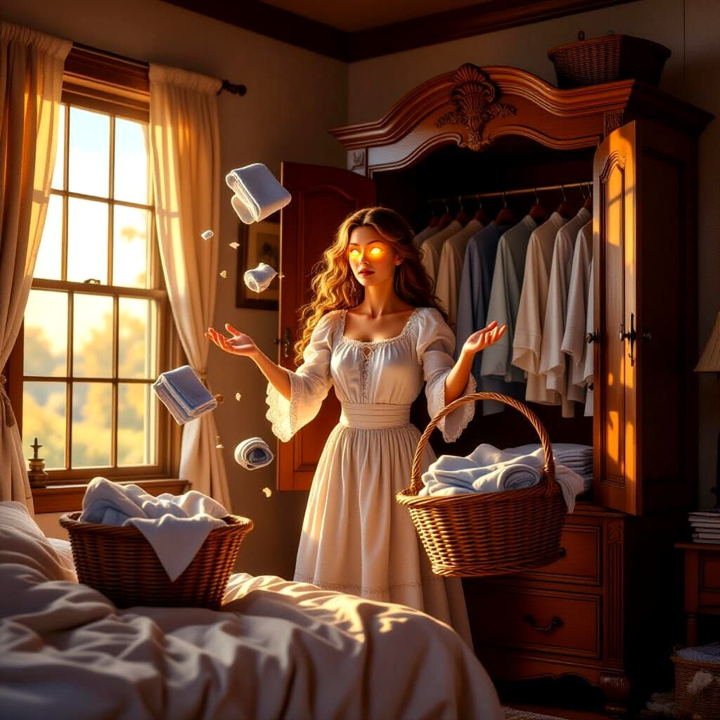 Sorceress Magically Folds Laundry in Tidy Room