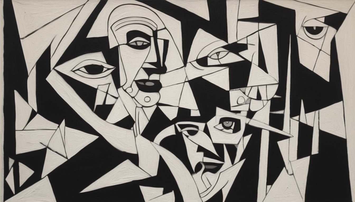 Monochromatic Cubist Oil Painting of Civil Unrest