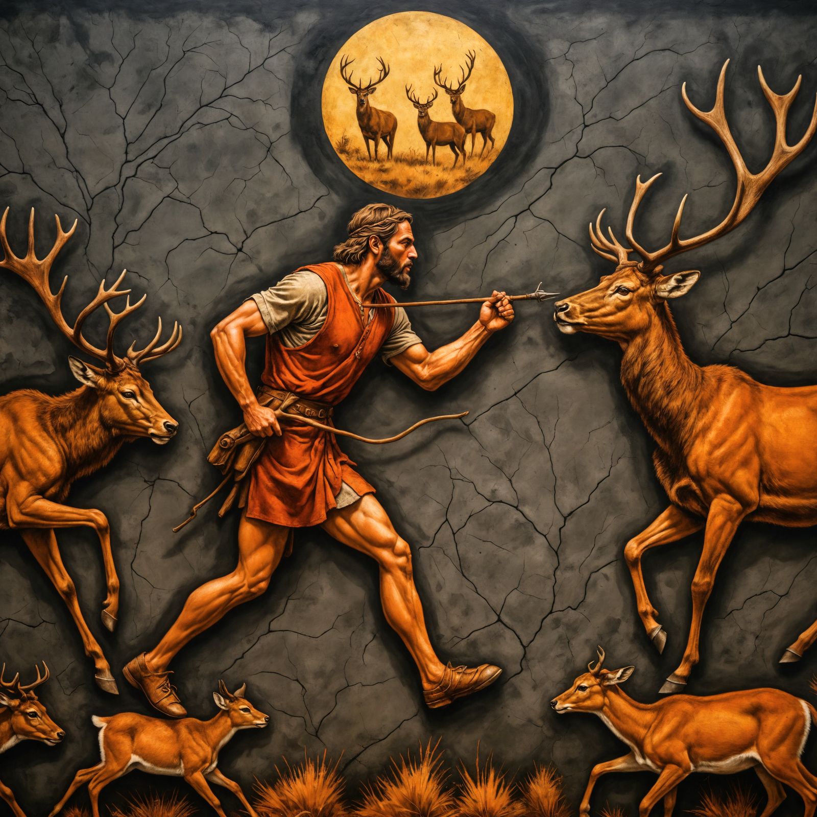 A prehistoric mural painting depicting an handsome prehistor...