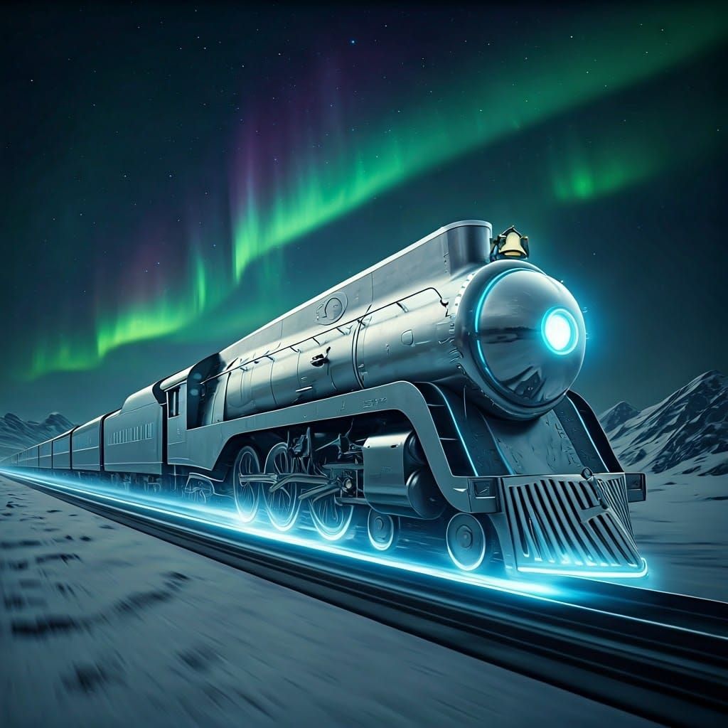 Polar Express Train Made of Silver Surfer's Board Speeds Tow...