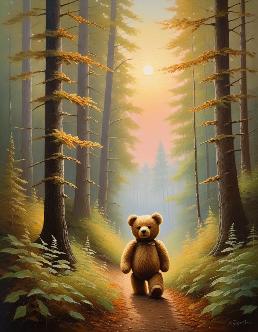Teddy Bear's Woodland Journey: Impressionist Oil Painting