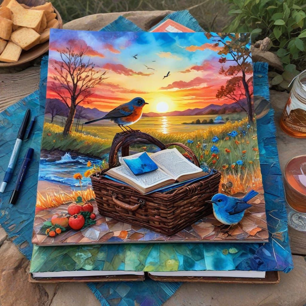 Impasto Sunset Scene with Birds and Picnic