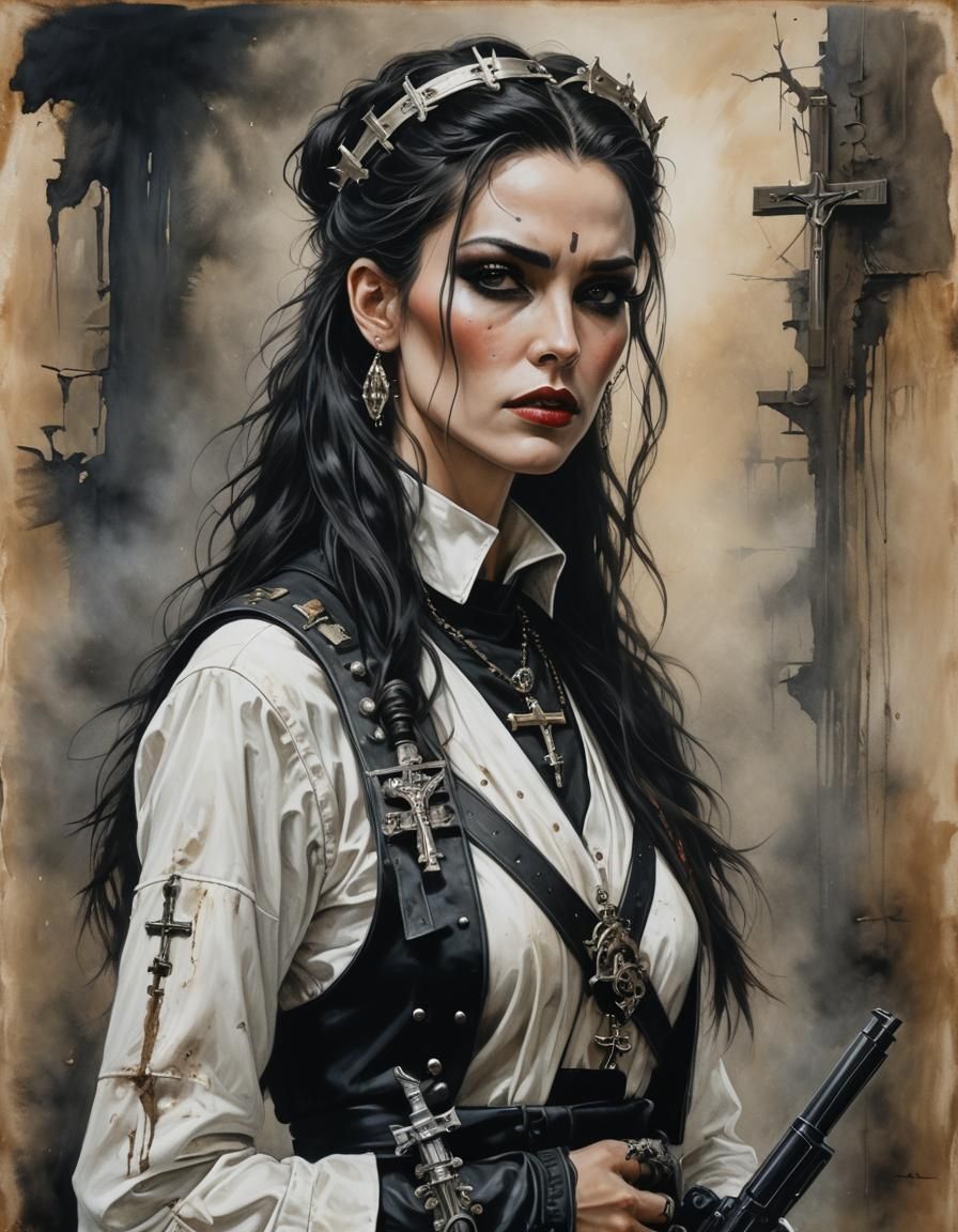 Post-Apocalyptic Female Priest in Acrylic Painting Style