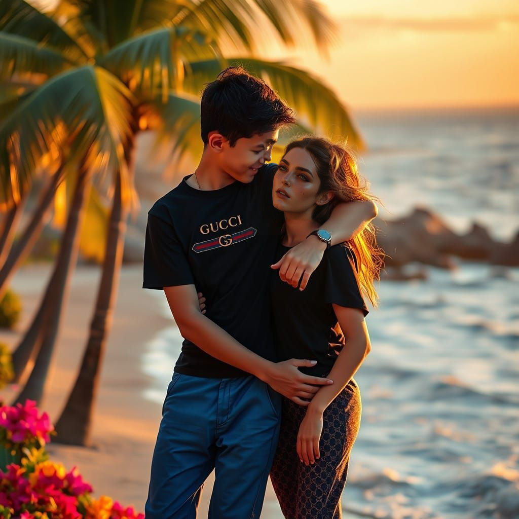 Couple Embracing on Beach in Vibrant Gucci Colors
