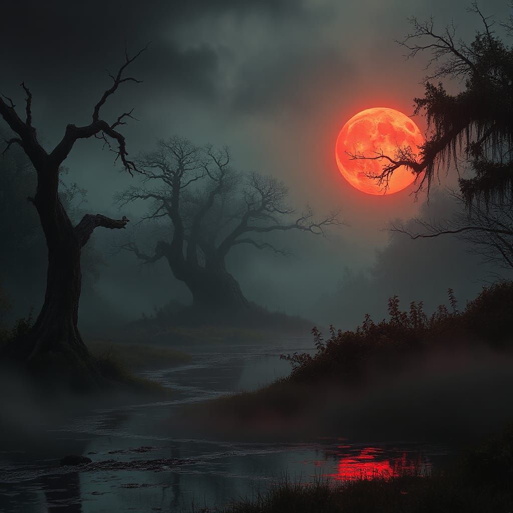 Mystical Swamp at Afternoon with Red Sun