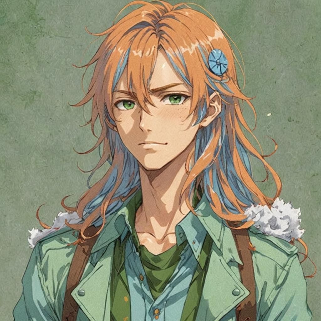 A boy with very long, fluffy, and messy orange hair. He is w...