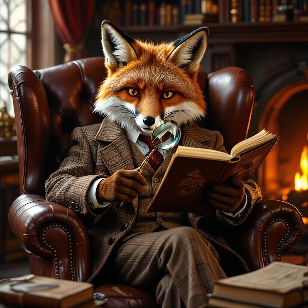Wise Fox Gentleman Reads Manuscript by Firelight