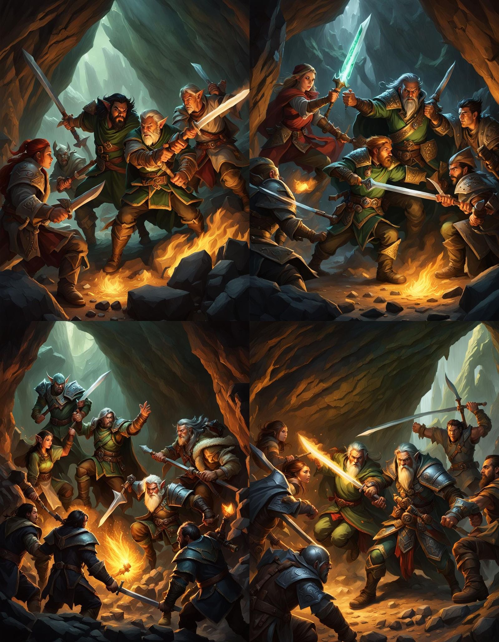 Elf, Dwarf, and Halfling Battle Goblins in Cave