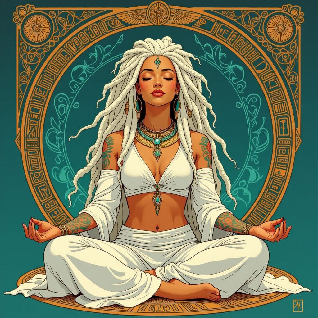 Woman with Tattoos Meditating in Art Nouveau Style