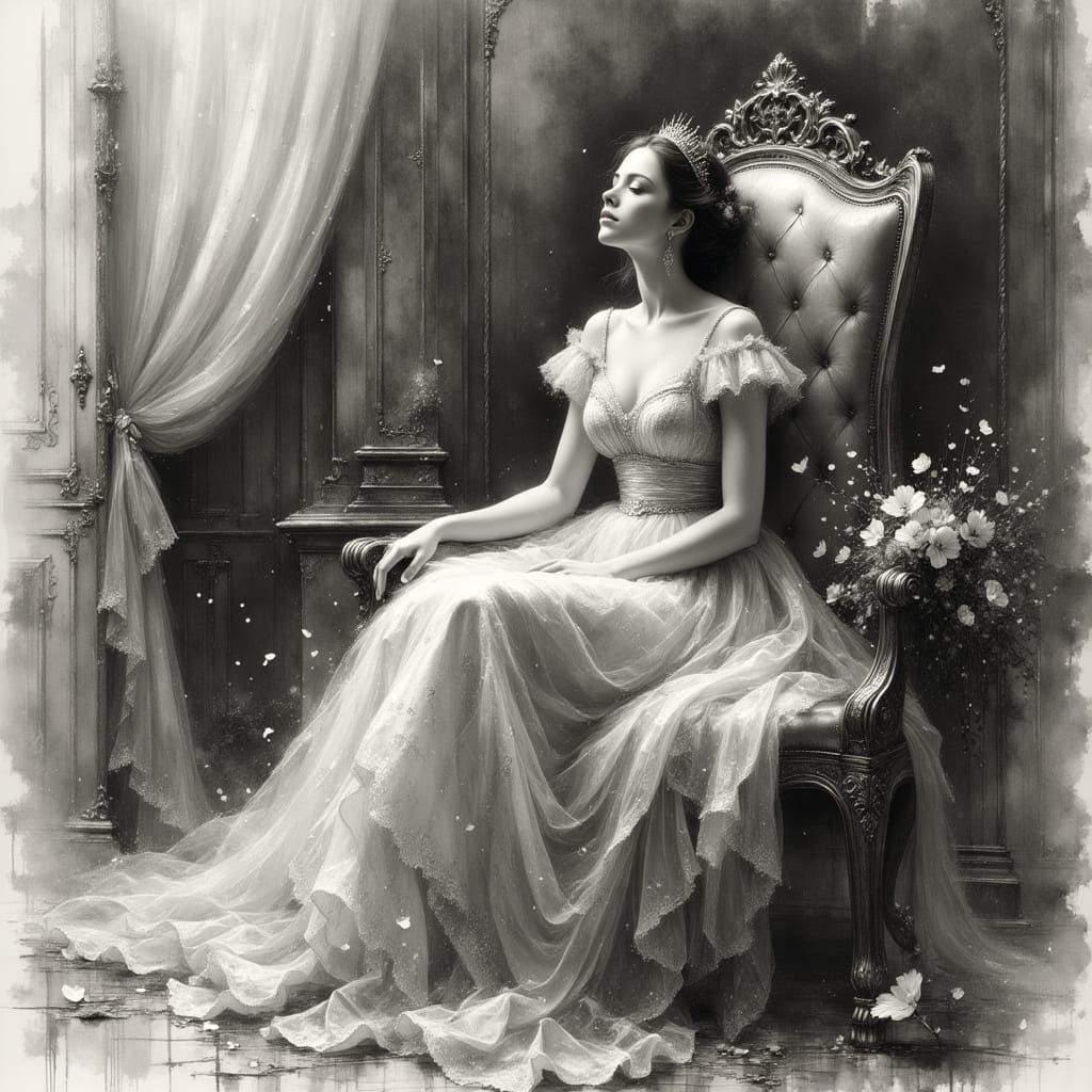 Surreal Royal Woman on Throne, Pencil and Charcoal Art