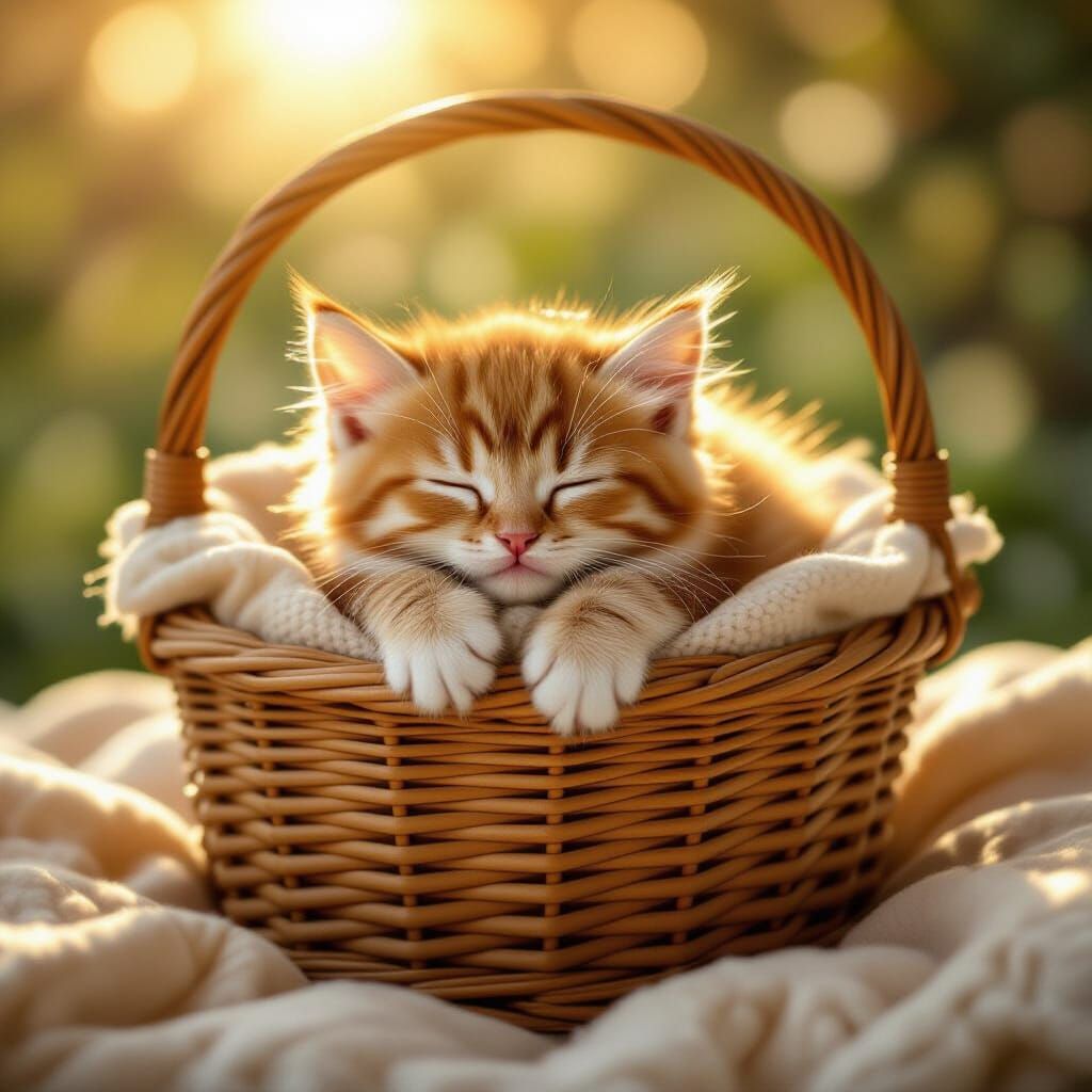 Adorable Sleeping Kitten in Wicker Basket
