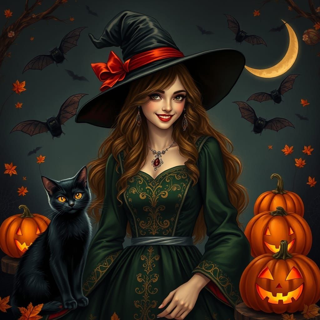 Charming Witch with Cat and Halloween Pumpkins