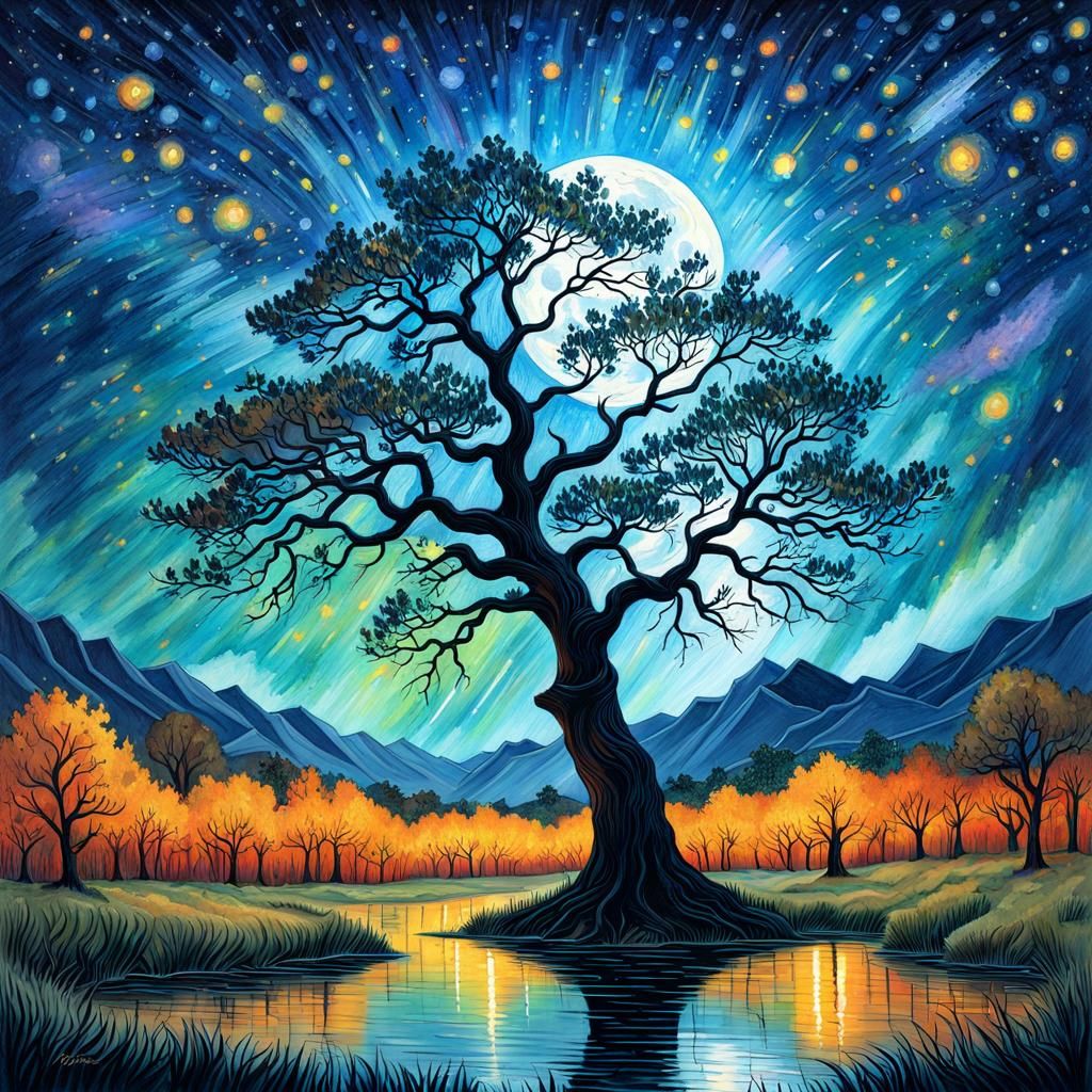 Watercolor Lake Under Gothic Starry Night