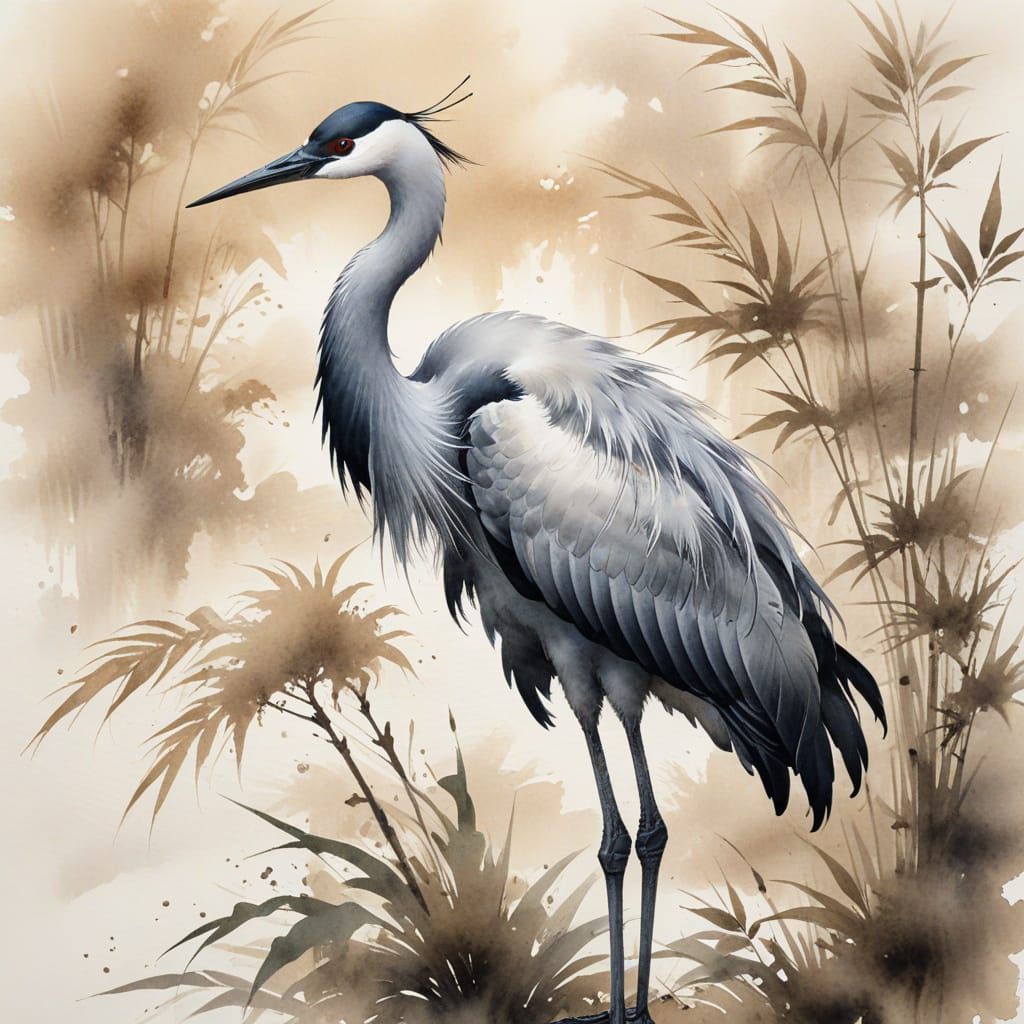 Elegant Crane in Japanese Sumi-e Watercolor