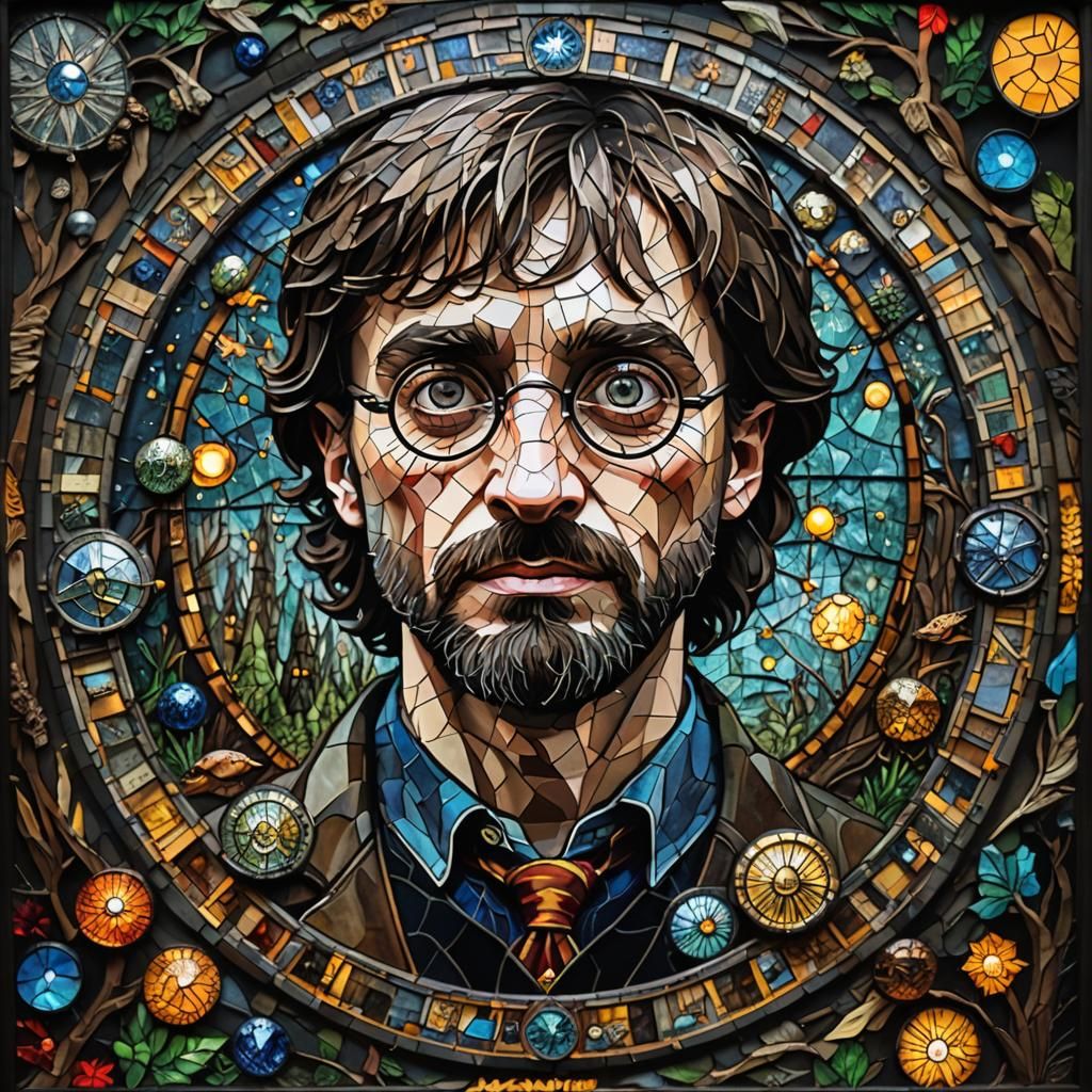 Stained Glass Time Traveler Portrait in Pointillism Style