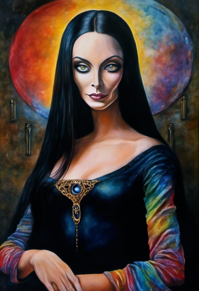 Morticia Addams as Mona Lisa, Surreal Oil Painting