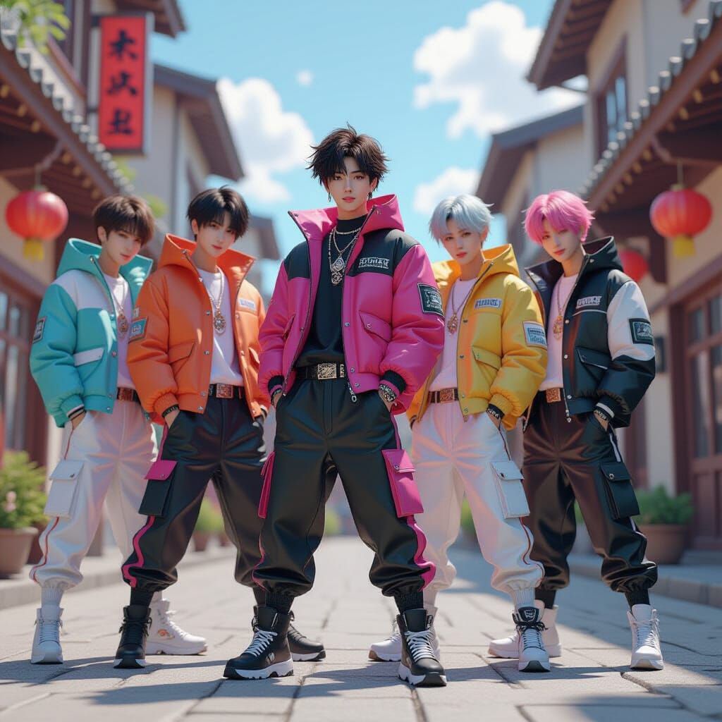 Dynamic K-Pop Group in Anime-Inspired 3D Render