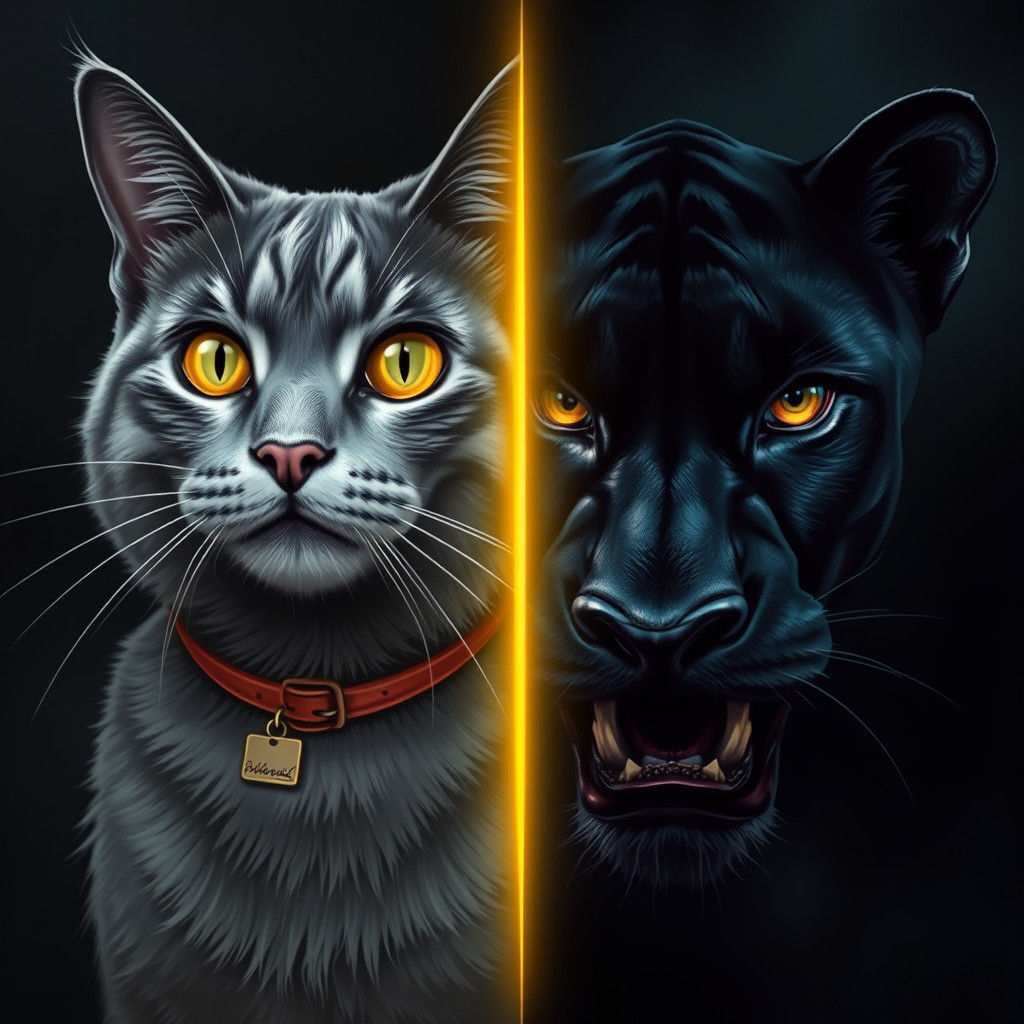 Split Portrait: Cat and Panther in Cyberpunk Style