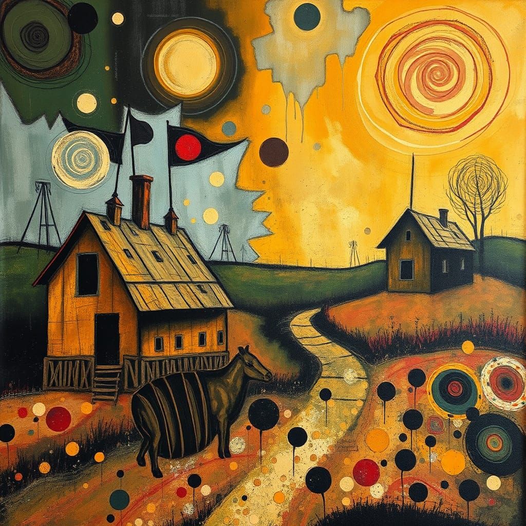 Surreal Rustic Farm in Abstract Expressionist Batik