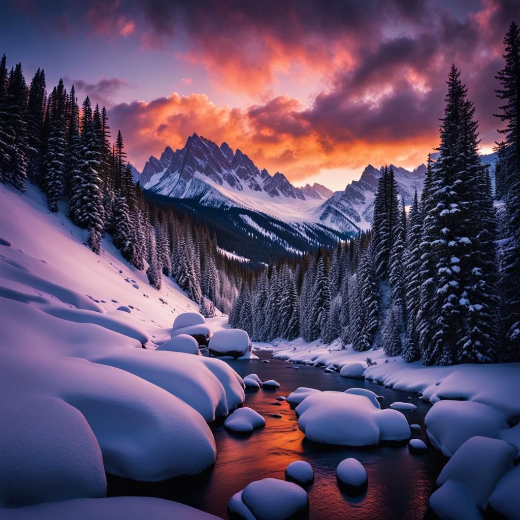 Majestic Snowy Sunset Over Mountain Creek