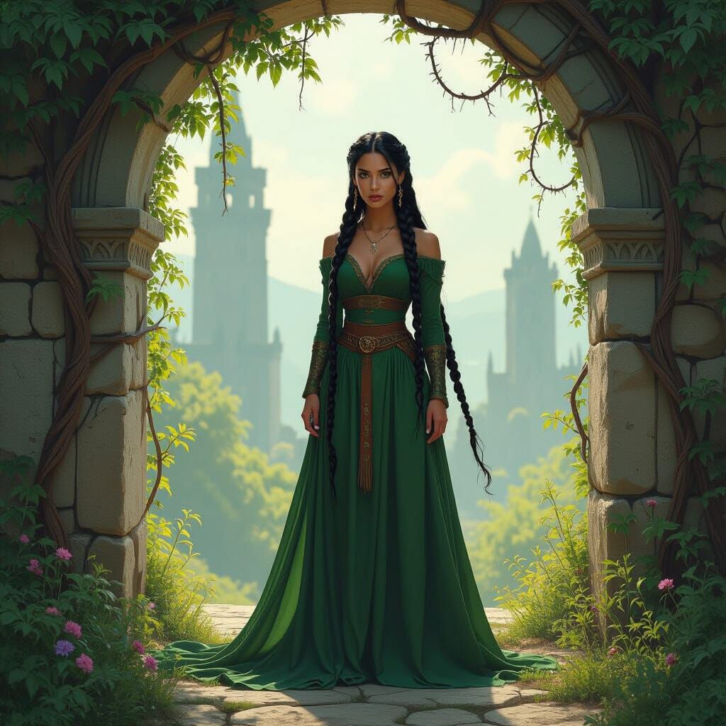 Viking Braids Woman in Green Fabric in Ruined Temple Archway