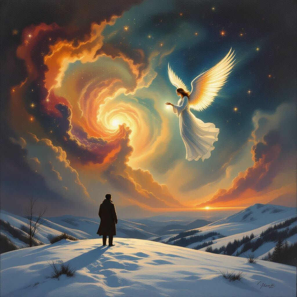 Angel Descends to Man Under Cosmic Sky