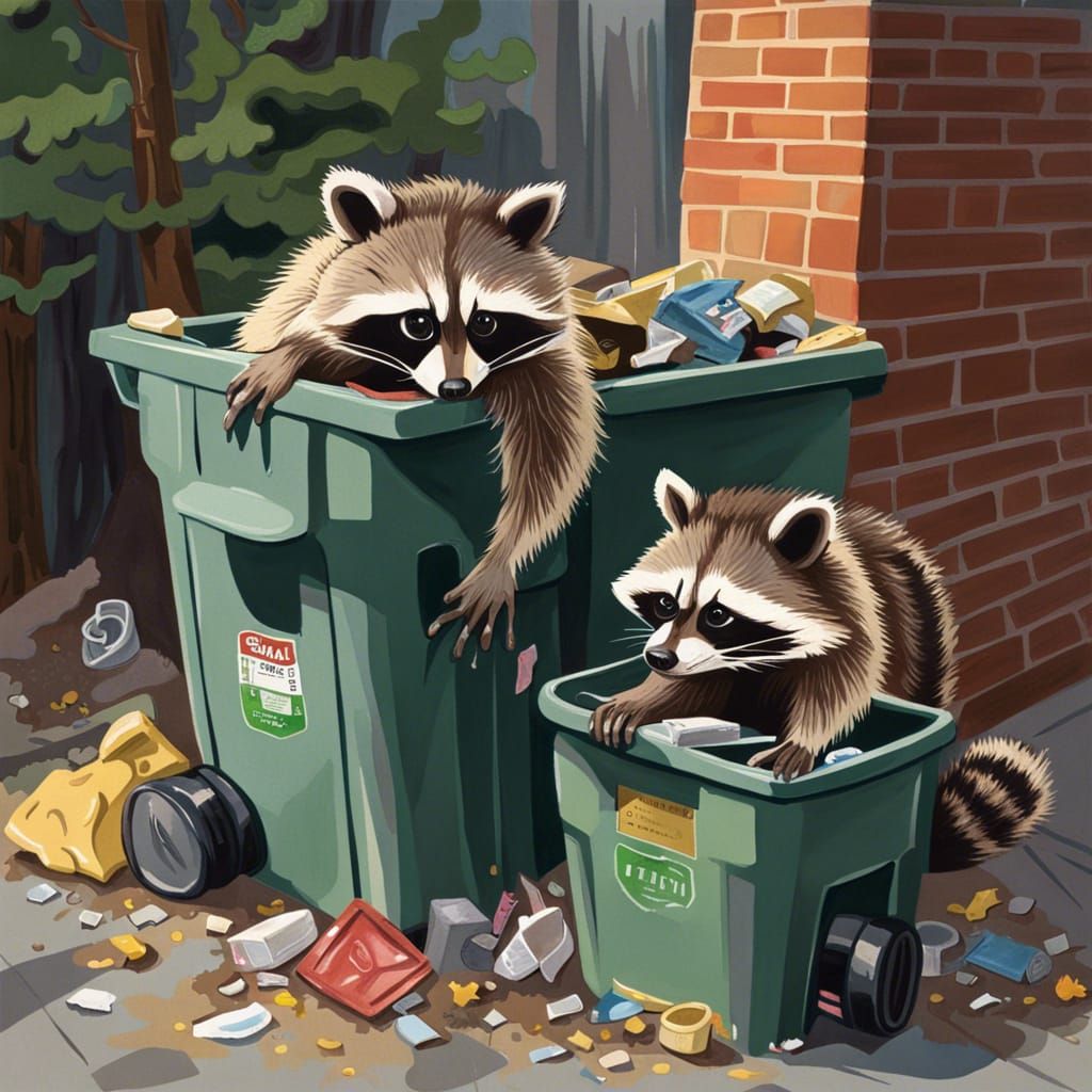 Raccoons Cause Mischief: Gouache Painting of Tipped Garbage
