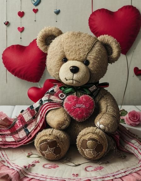 Cute Patchwork Teddy Bear with Heart and Rose