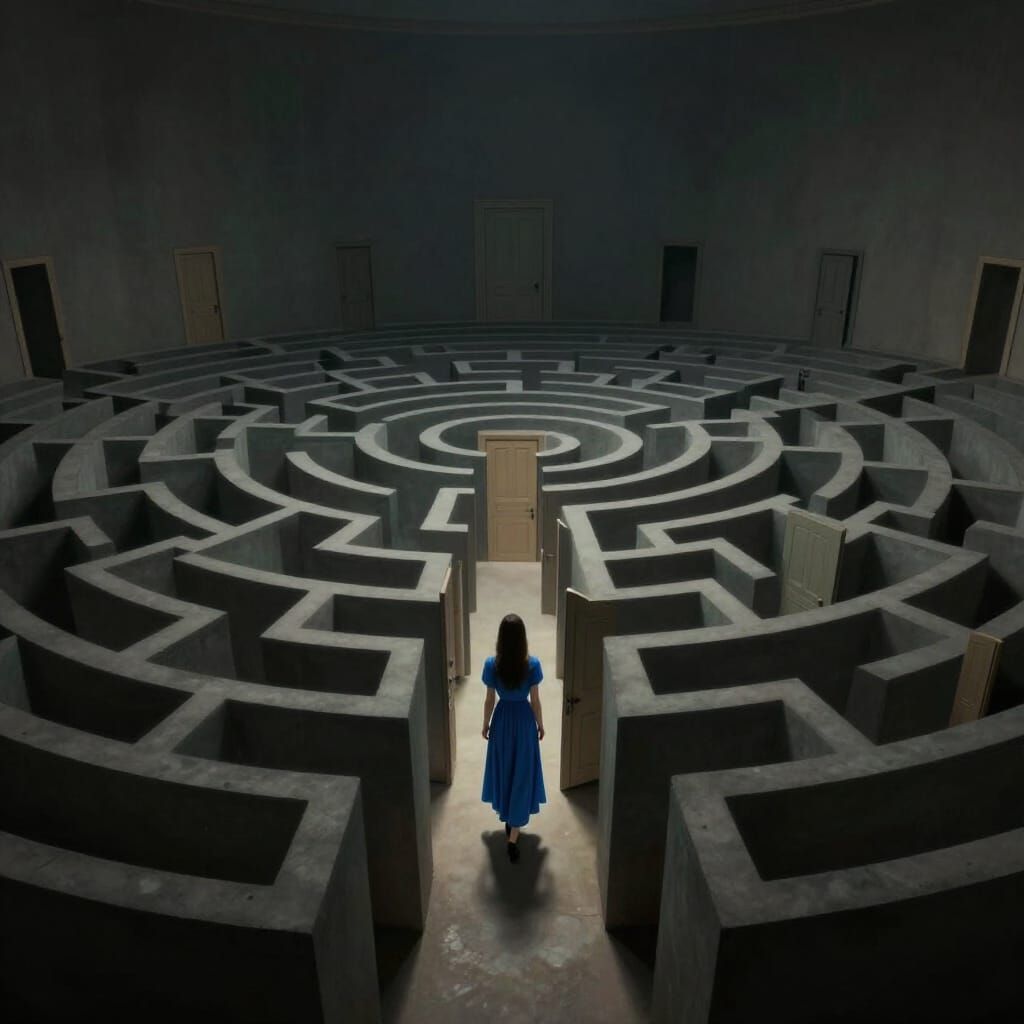 Woman Lost in Escher-like Labyrinth of Doors