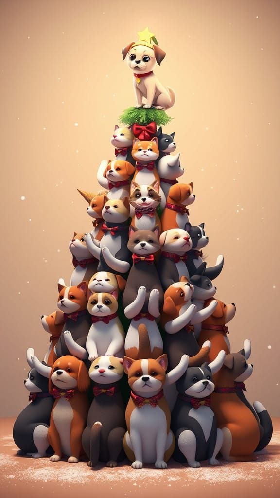 Whimsical Canine Christmas Tree in 3D Anime Style